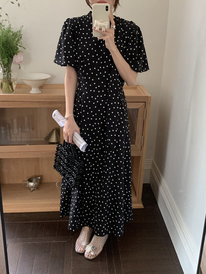 立領蝴蝶結肩帶波點連身裙