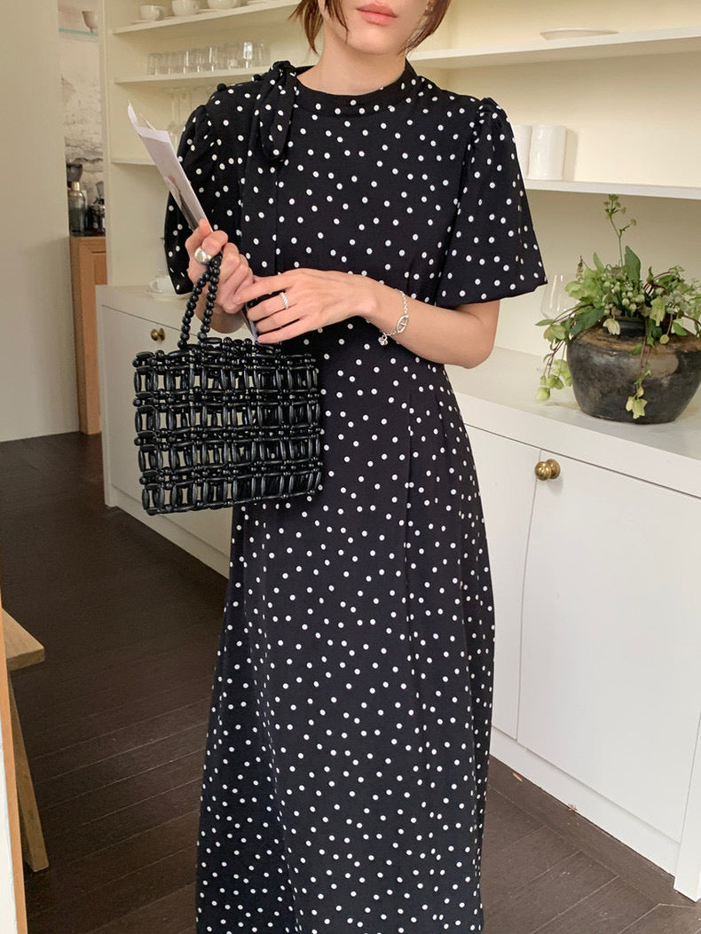 立領蝴蝶結肩帶波點連身裙