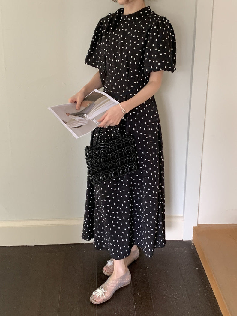 立領蝴蝶結肩帶波點連身裙