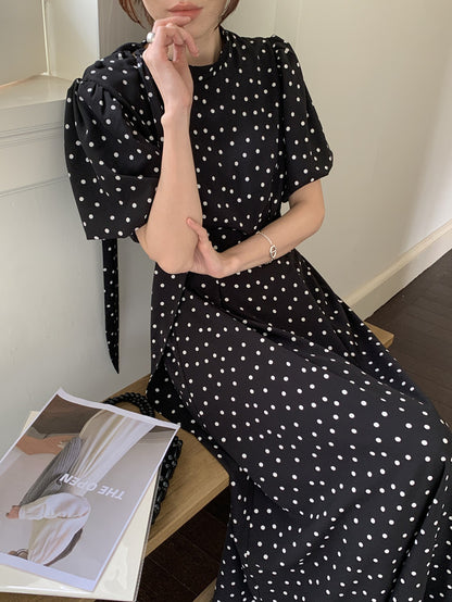 立領蝴蝶結肩帶波點連身裙