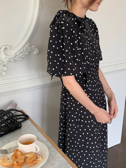 立領蝴蝶結肩帶波點連身裙