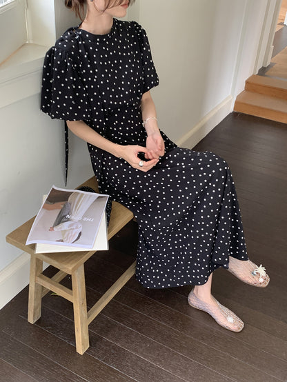 立領蝴蝶結肩帶波點連身裙