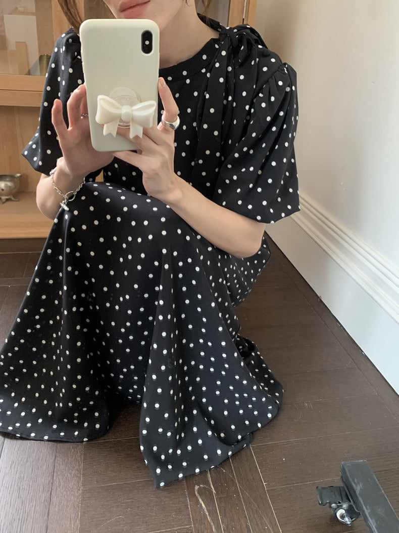立領蝴蝶結肩帶波點連身裙