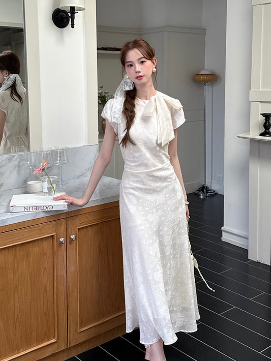 Tie-Bow Embroidered Jacquard Dress