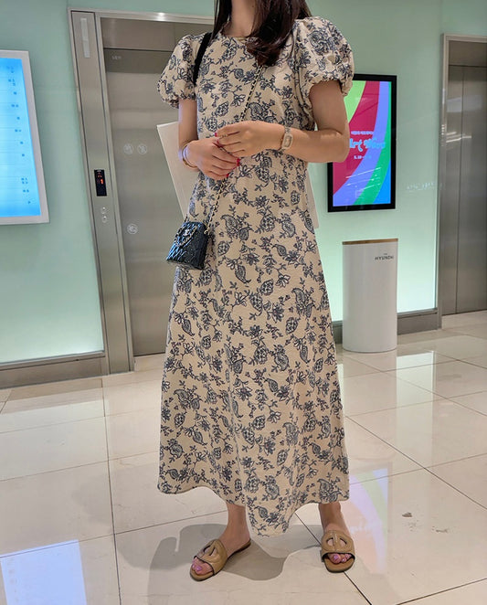 Elegant Printed A-line Puff Sleeve Dress