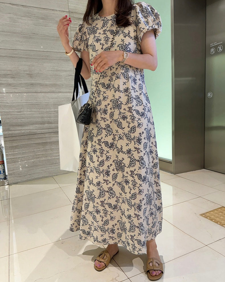 優雅印花A字泡泡袖連身裙