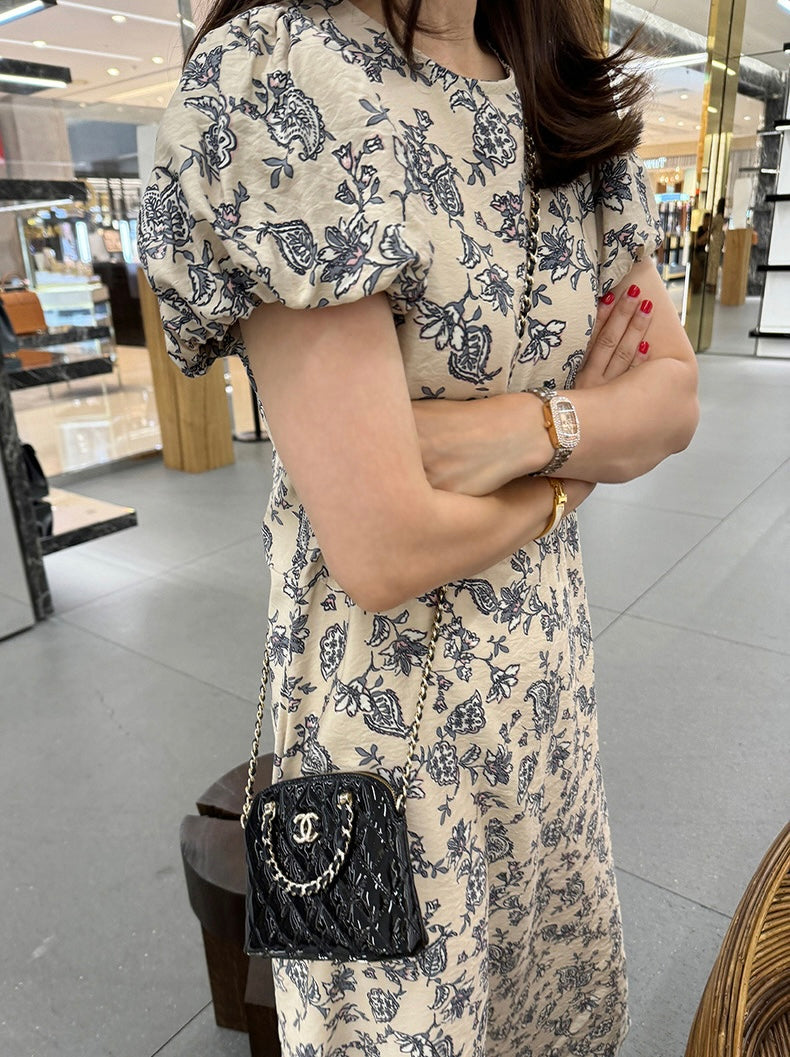 優雅印花A字泡泡袖連身裙