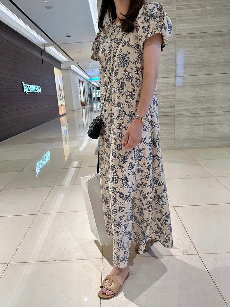 優雅印花A字泡泡袖連身裙