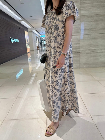 優雅印花A字泡泡袖連身裙