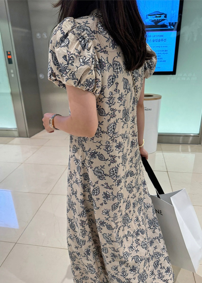 優雅印花A字泡泡袖連身裙