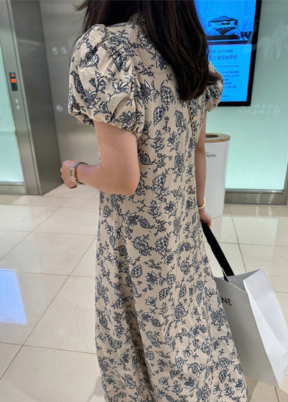 優雅印花A字泡泡袖連身裙