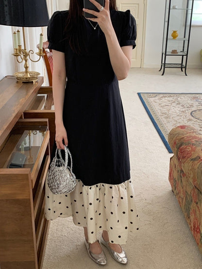 圓領拼接波點魚尾連身裙