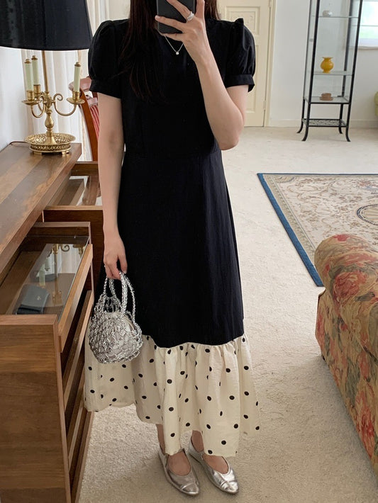 圓領拼接波點魚尾連身裙