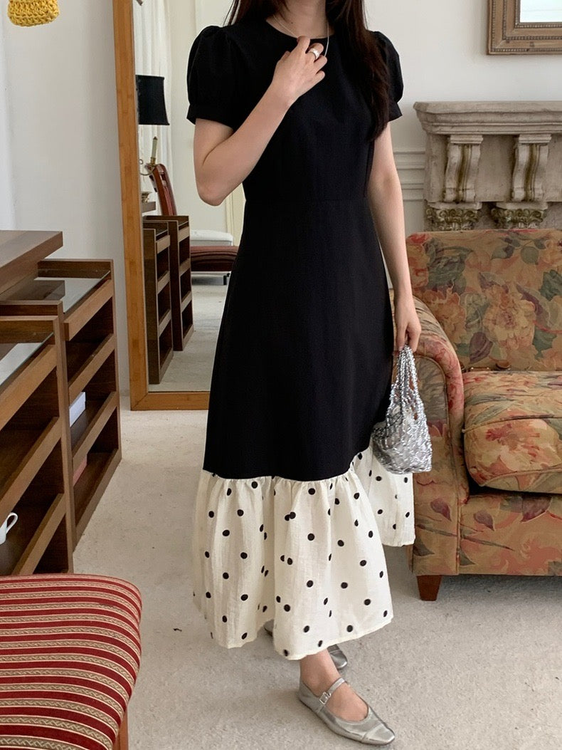 圓領拼接波點魚尾連身裙