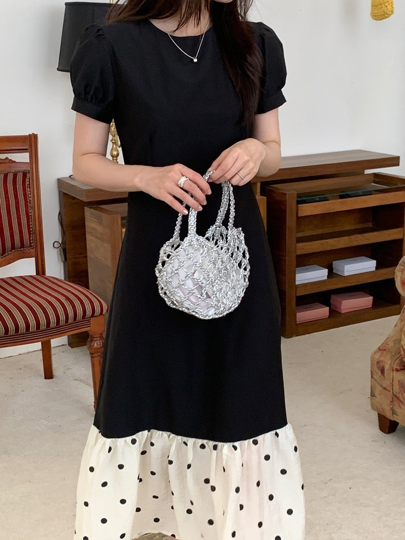 圓領拼接波點魚尾連身裙