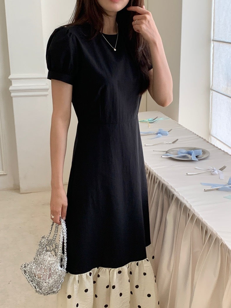 圓領拼接波點魚尾連身裙