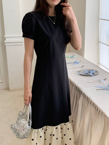 圓領拼接波點魚尾連身裙