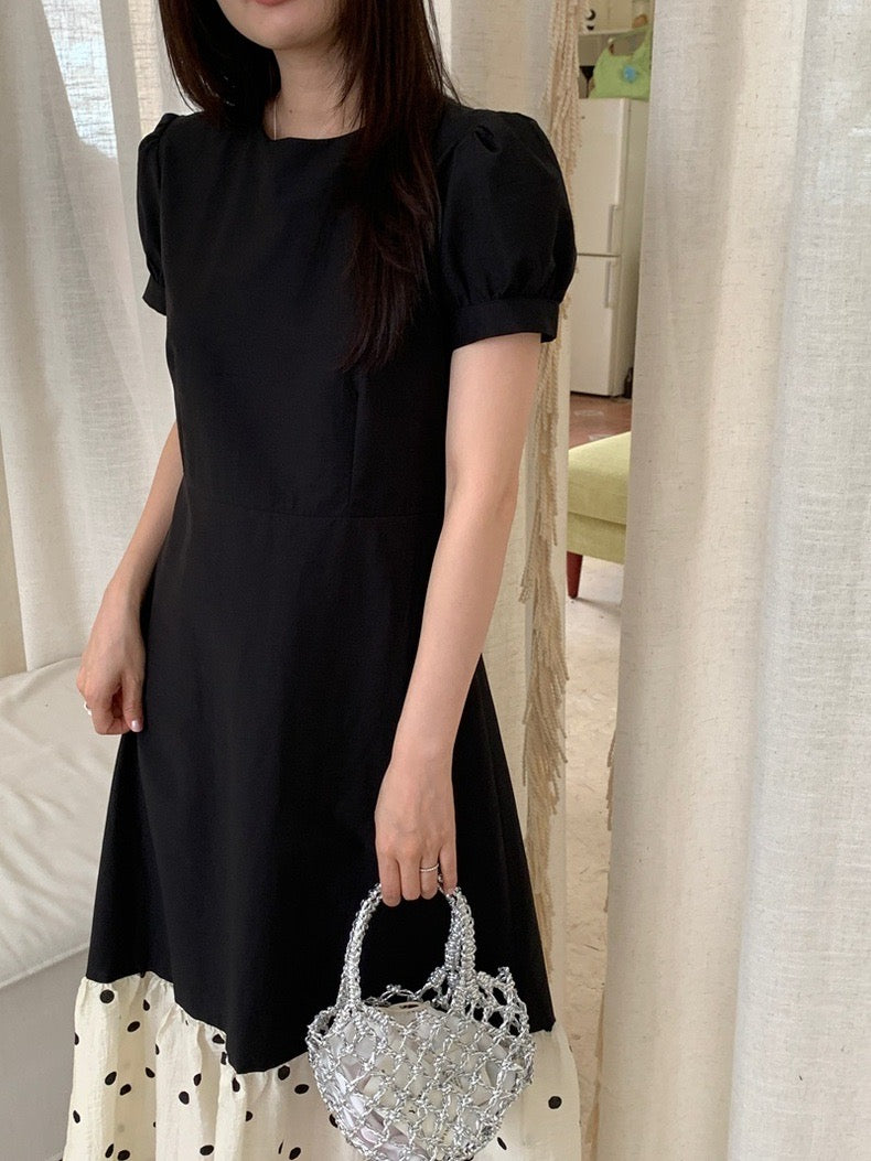 圓領拼接波點魚尾連身裙