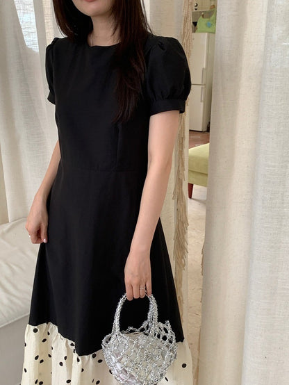 圓領拼接波點魚尾連身裙