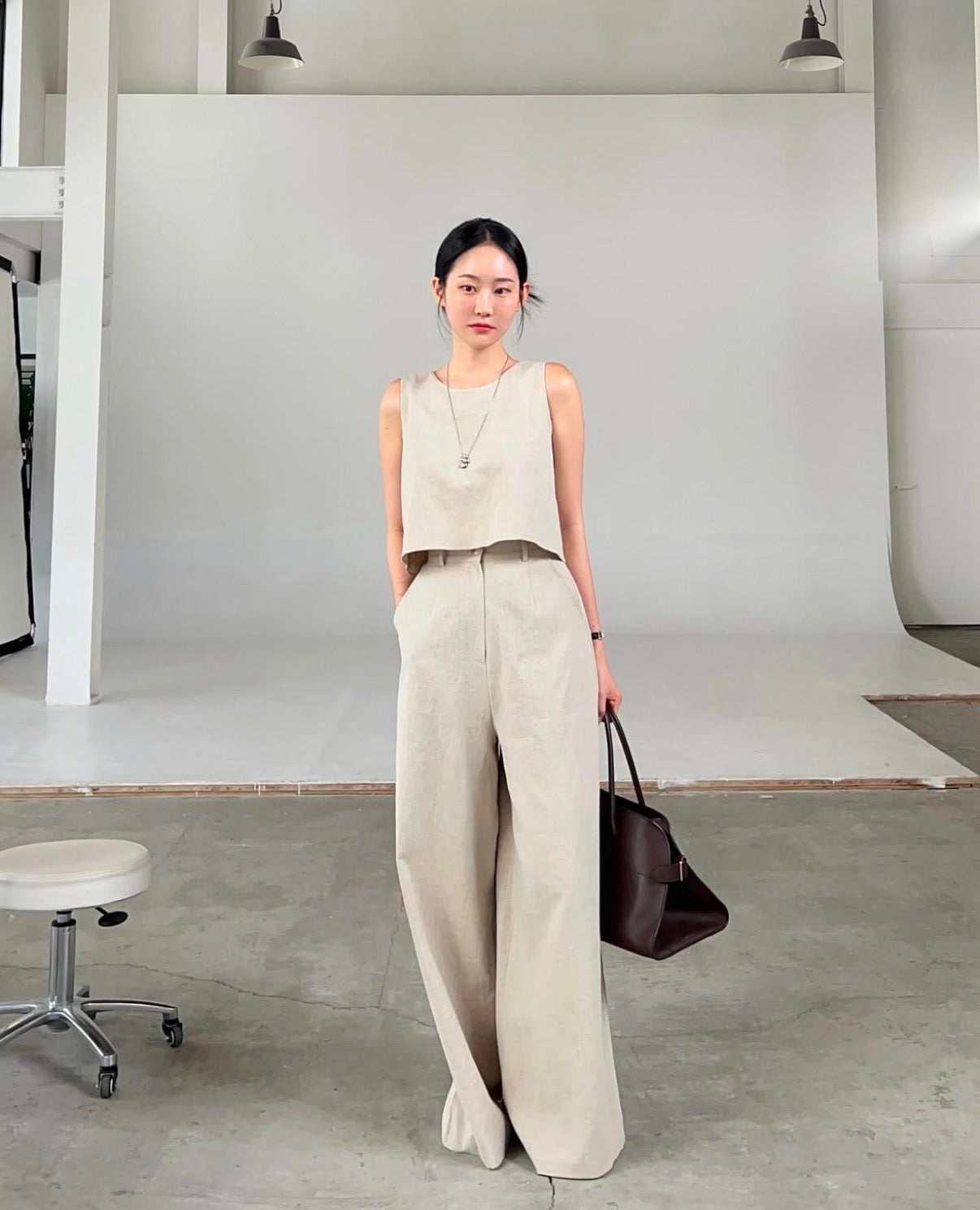Linen-like Round Neck Top + Casual Wide-leg Pants