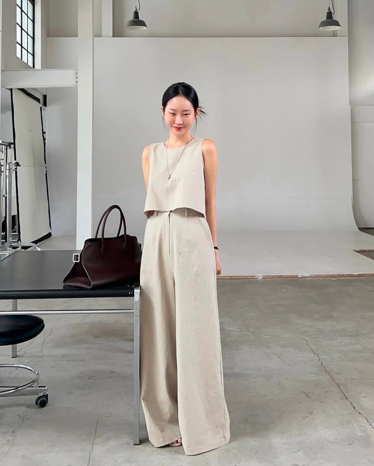 Linen-like Round Neck Top + Casual Wide-leg Pants