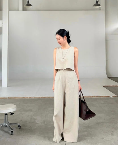Linen-like Round Neck Top + Casual Wide-leg Pants
