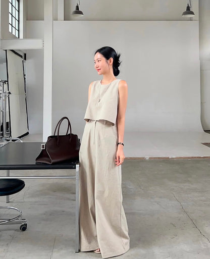 Linen-like Round Neck Top + Casual Wide-leg Pants
