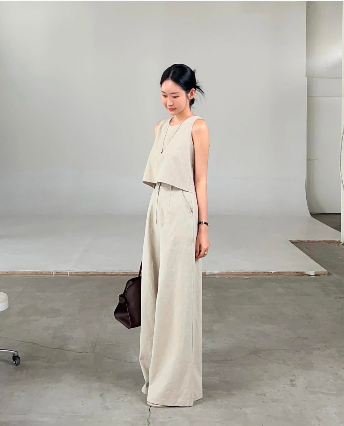 Linen-like Round Neck Top + Casual Wide-leg Pants