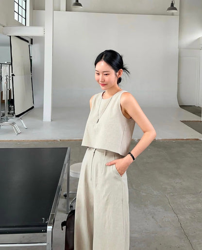 Linen-like Round Neck Top + Casual Wide-leg Pants