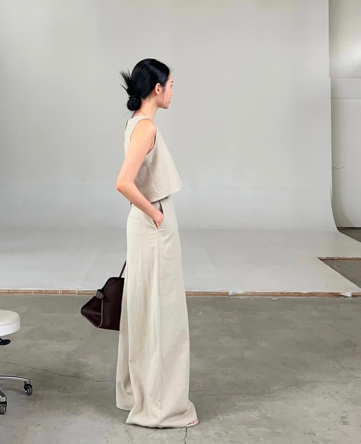 Linen-like Round Neck Top + Casual Wide-leg Pants