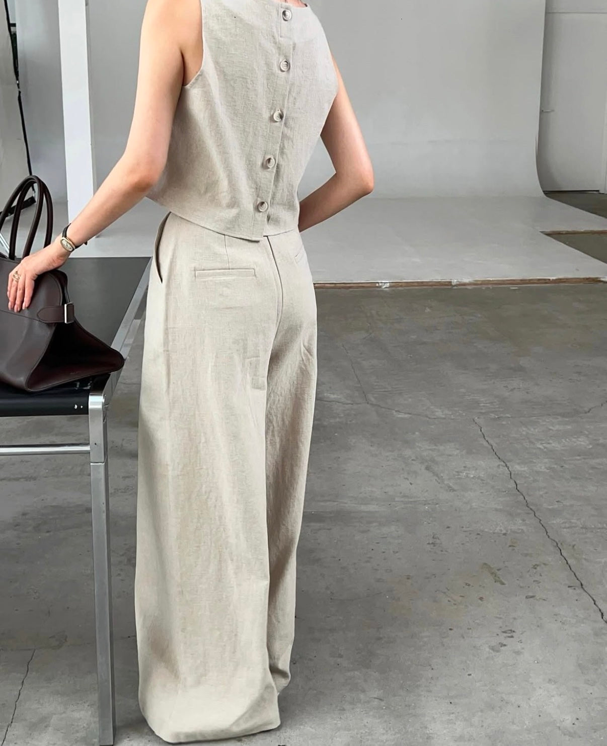 Linen-like Round Neck Top + Casual Wide-leg Pants
