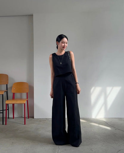 Linen-like Round Neck Top + Casual Wide-leg Pants