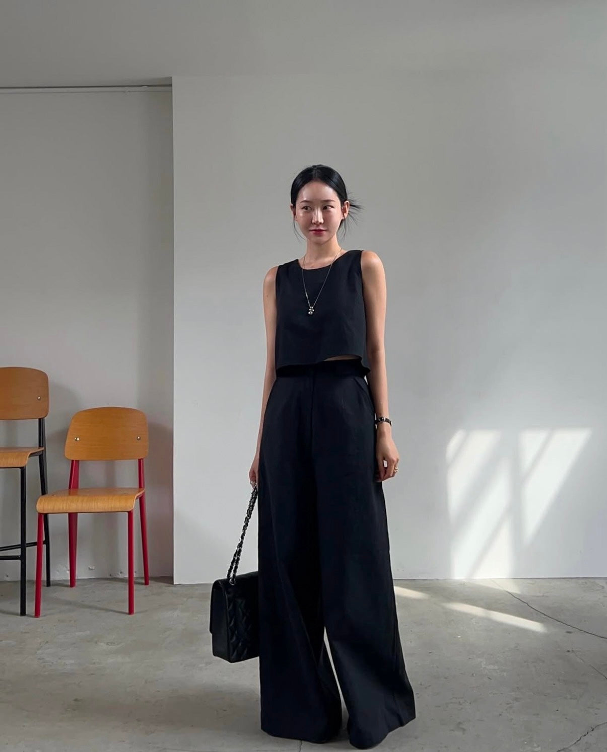 Linen-like Round Neck Top + Casual Wide-leg Pants