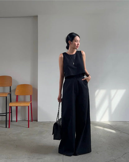 Linen-like Round Neck Top + Casual Wide-leg Pants