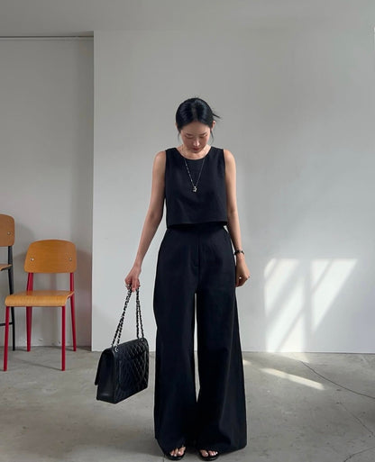 Linen-like Round Neck Top + Casual Wide-leg Pants