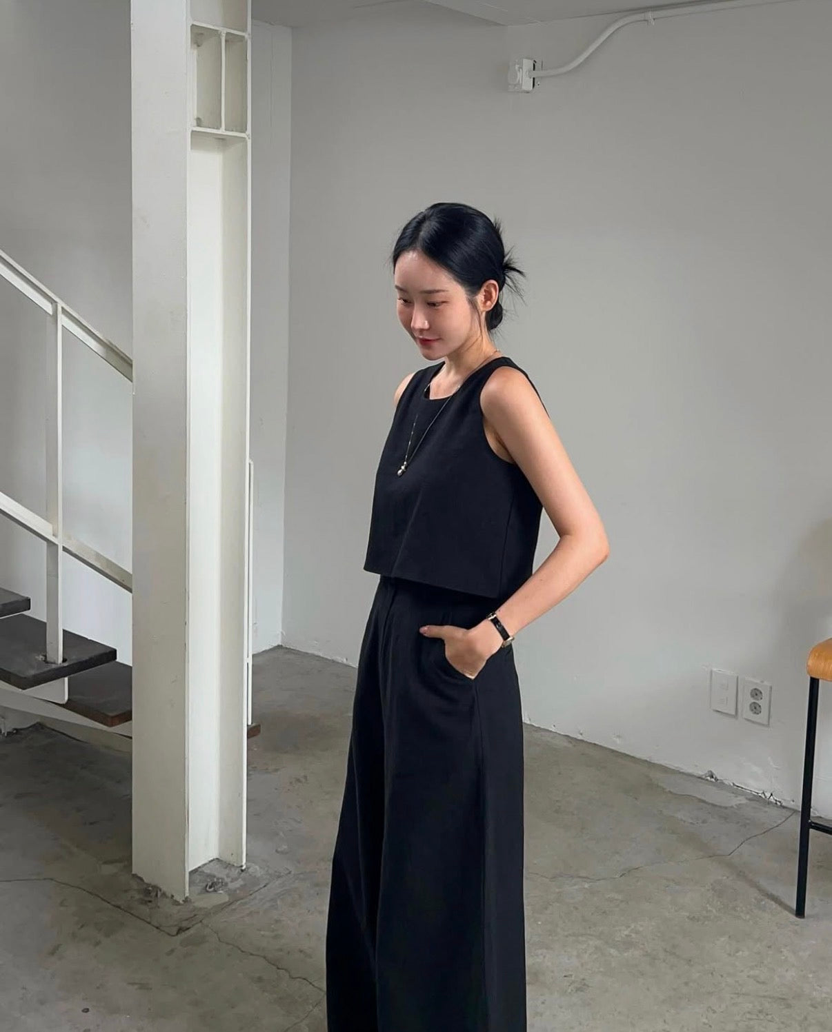 Linen-like Round Neck Top + Casual Wide-leg Pants