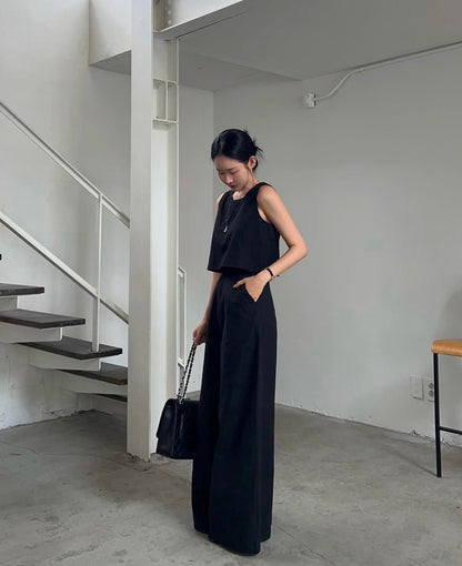 Linen-like Round Neck Top + Casual Wide-leg Pants