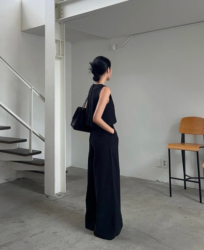 Linen-like Round Neck Top + Casual Wide-leg Pants