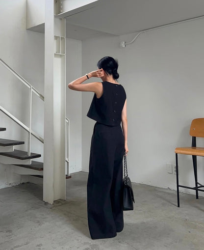 Linen-like Round Neck Top + Casual Wide-leg Pants