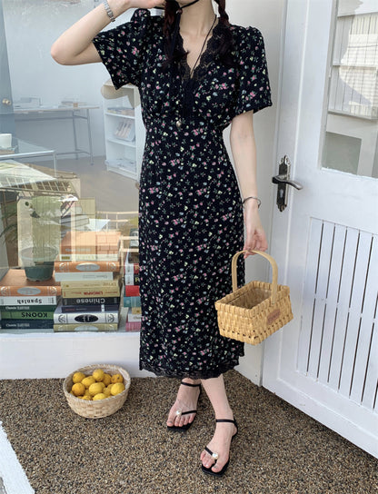 V領碎花收腰連身裙