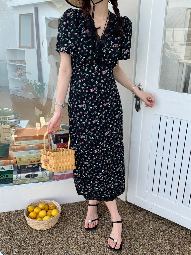 V領碎花收腰連身裙