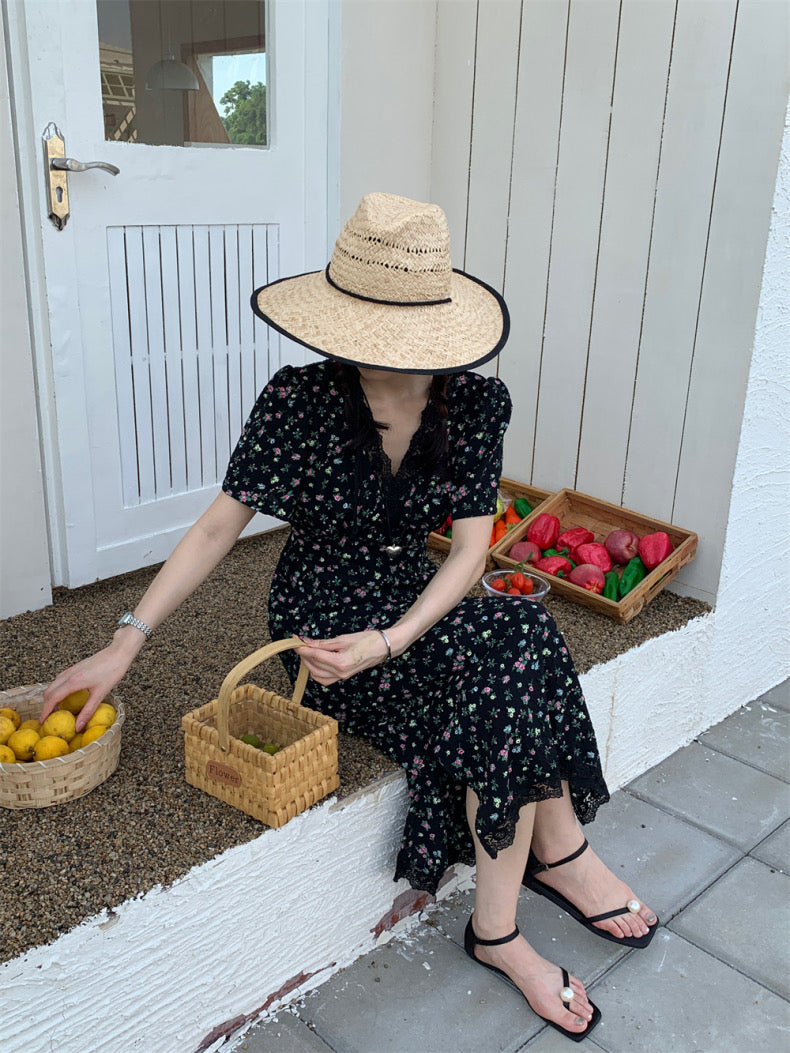 V領碎花收腰連身裙