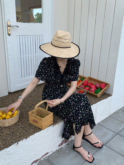 V領碎花收腰連身裙