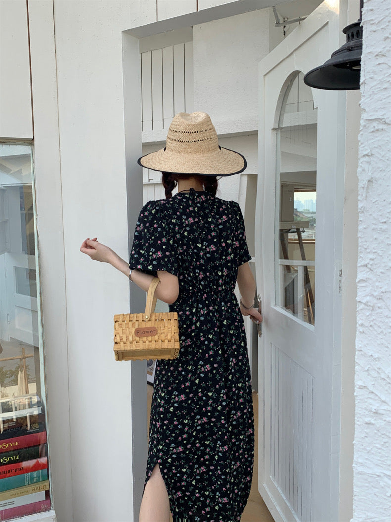 V領碎花收腰連身裙