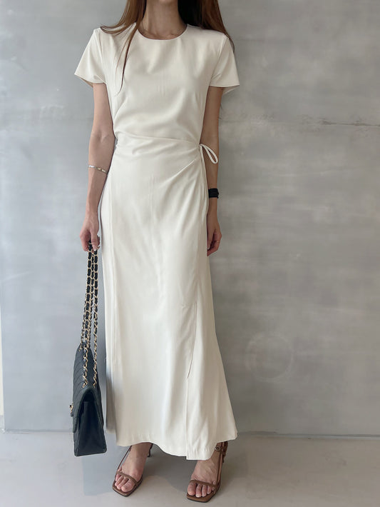 Round-neck side-tie waist-slit dress