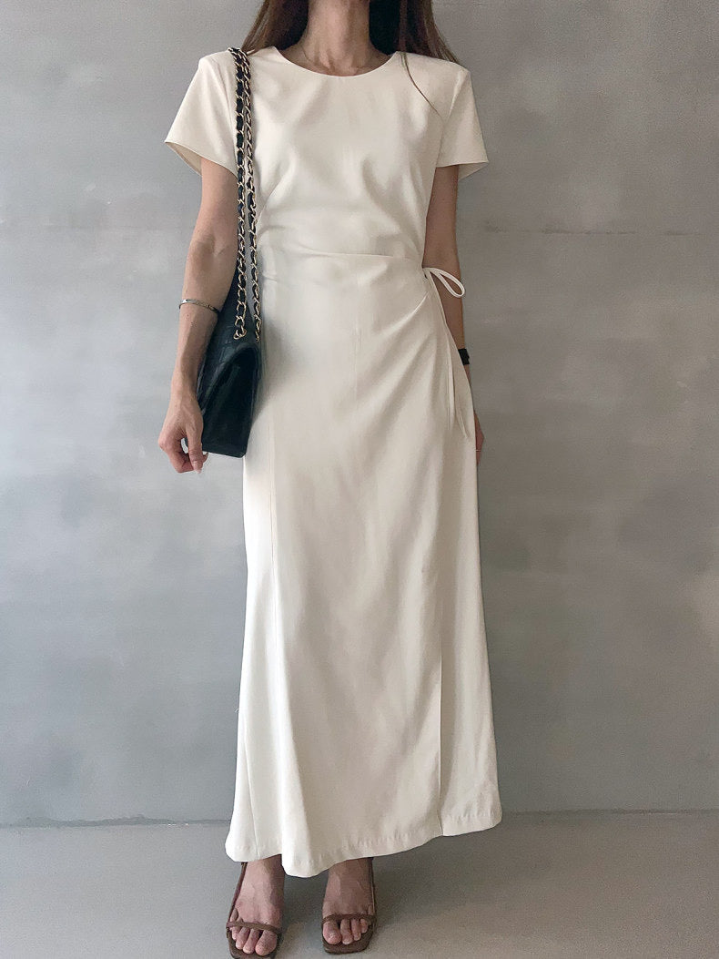 Round-neck side-tie waist-slit dress