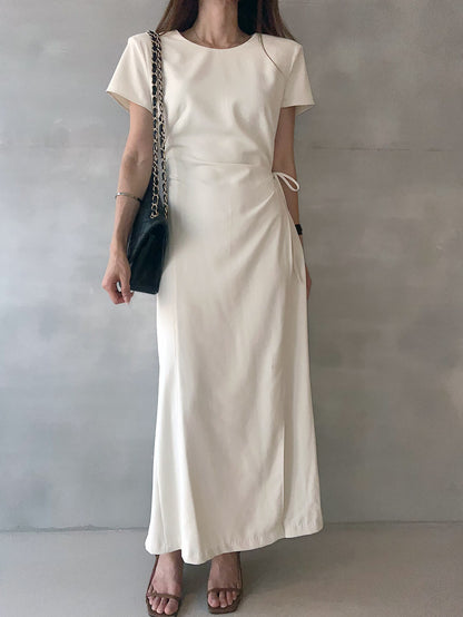 Round-neck side-tie waist-slit dress