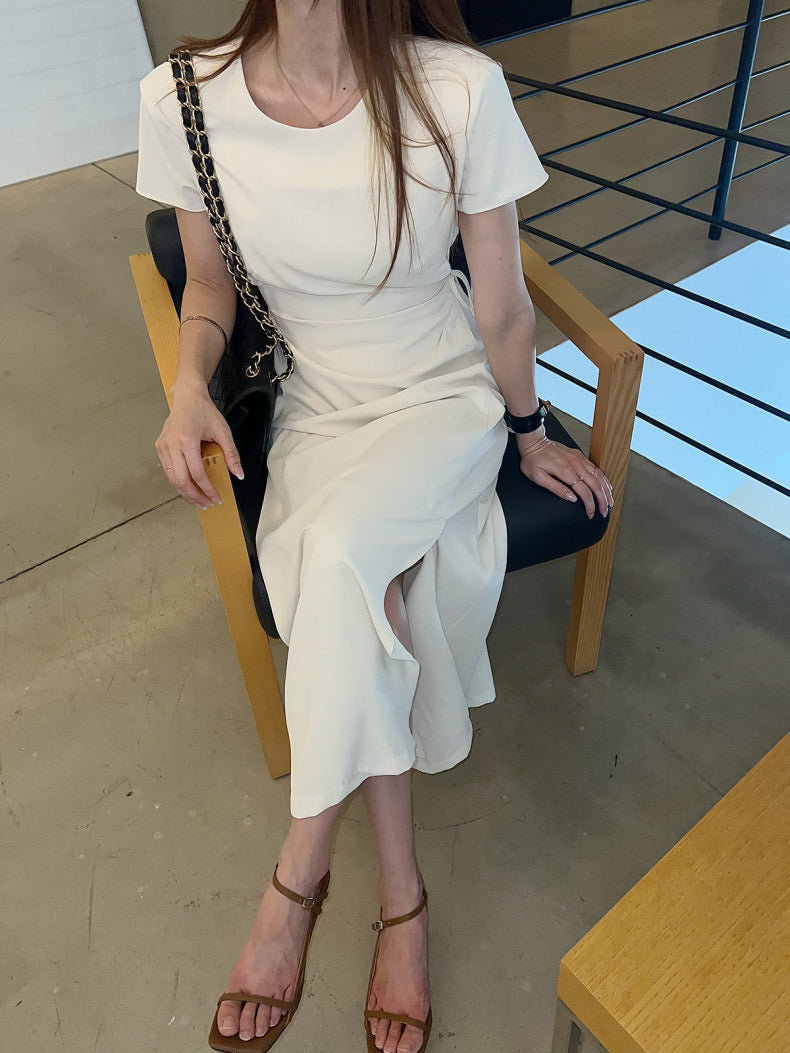 Round-neck side-tie waist-slit dress