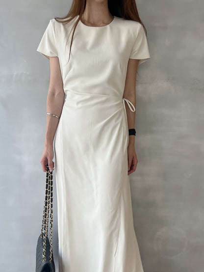 Round-neck side-tie waist-slit dress