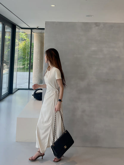 Round-neck side-tie waist-slit dress